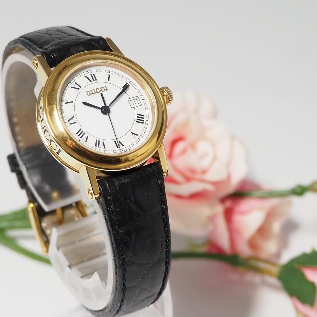 グッチ GUCCI デイト 革ベルト レディース 腕時計 ゴールド C952
