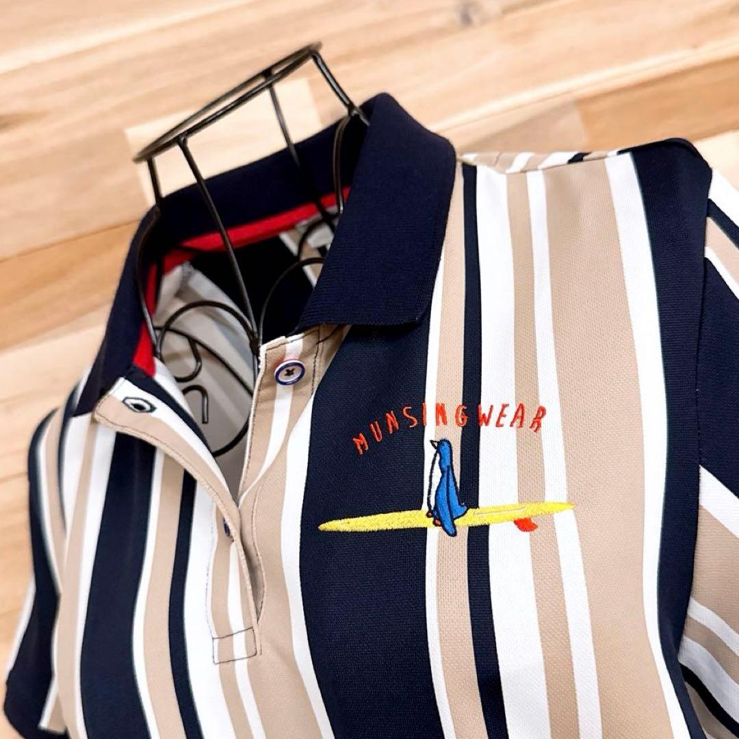 【マンシングウェア】ストライプ ポロシャツ ワンピース ゴルフ L ベージュ×紺