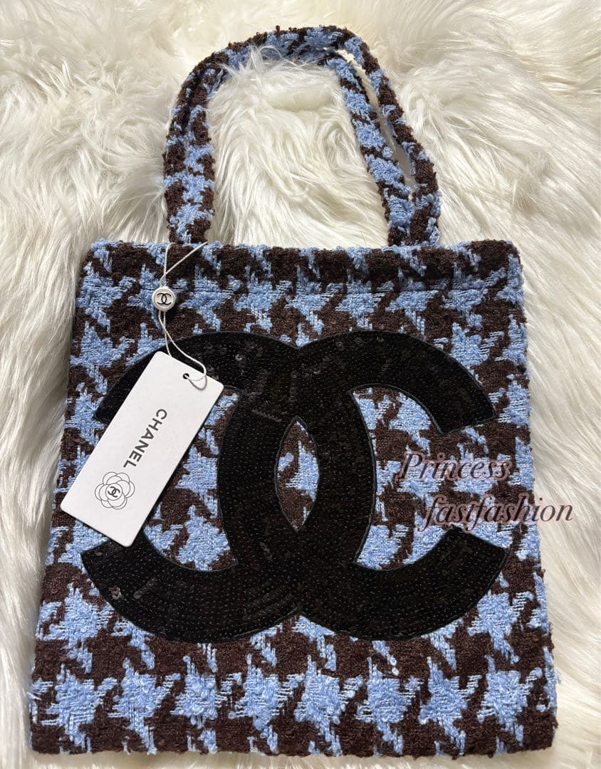 ち*太様 シャネル CHANEL 千鳥 ブルー スパンコール トートバッグ