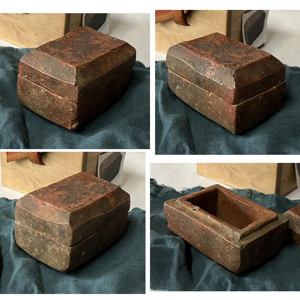 p036 古備前 香合 刻印 木箱入り 時代 茶道具