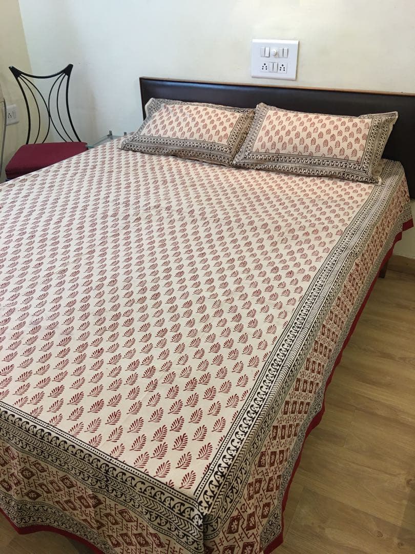 インド　ブロックプリント　ベットシーツ　&枕カバー