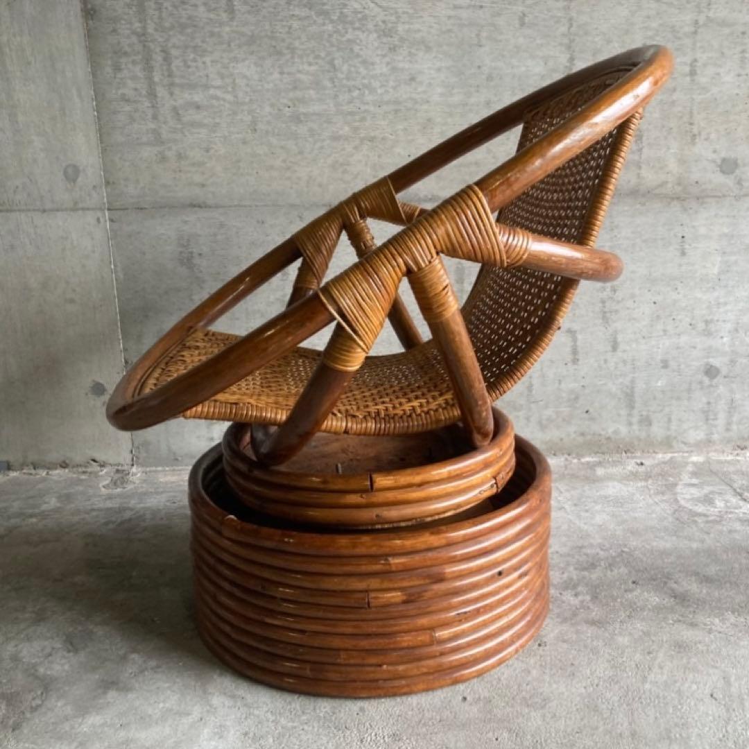 籐 ラタン 回転椅子 チェア 丸型 円形 編み込み アジアン 木製 家具 レトロ