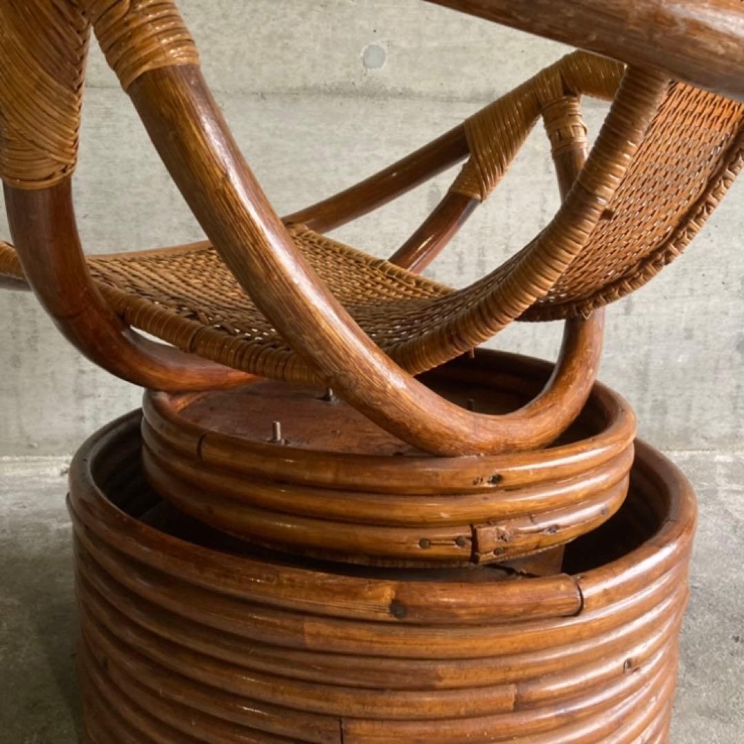 籐 ラタン 回転椅子 チェア 丸型 円形 編み込み アジアン 木製 家具 レトロ
