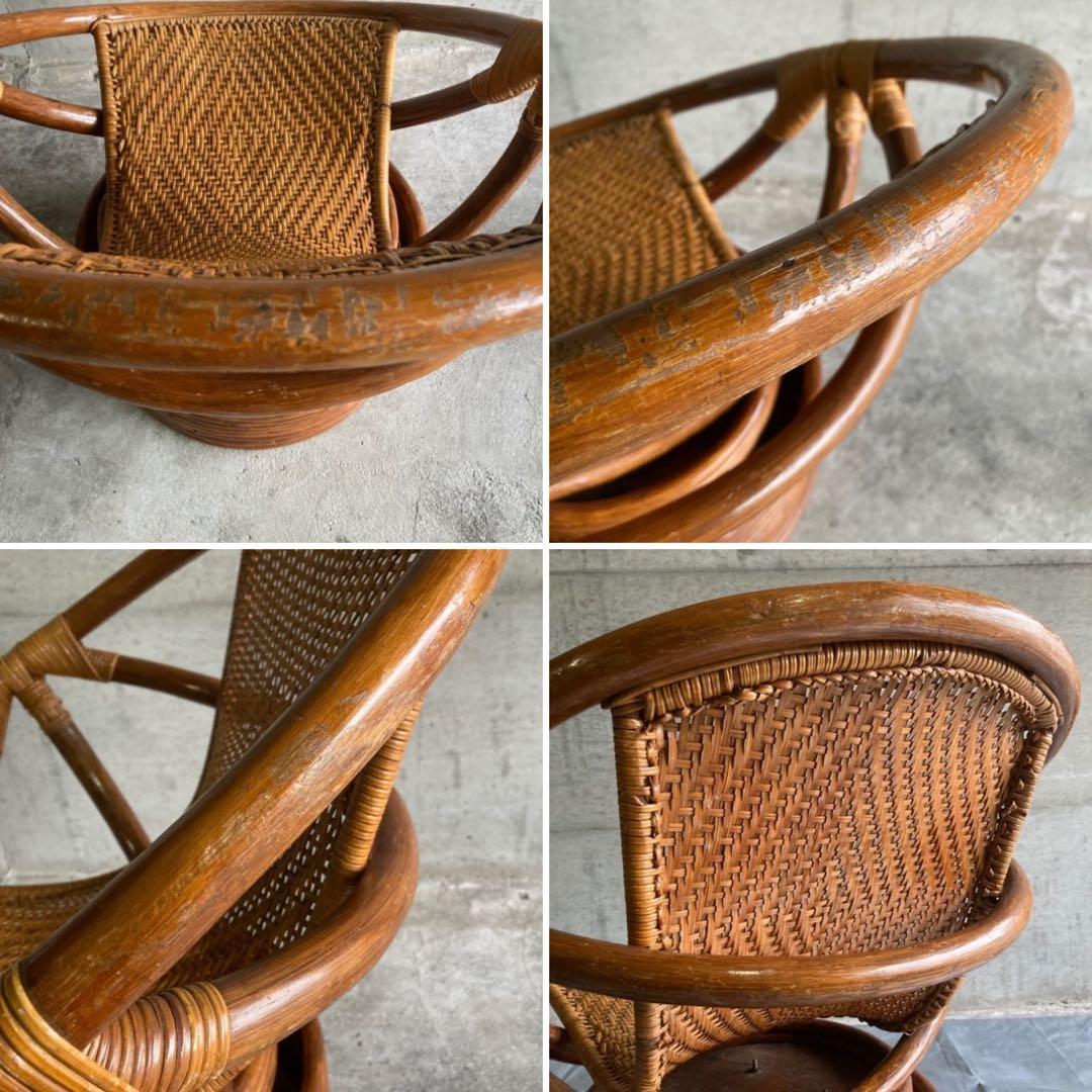 籐 ラタン 回転椅子 チェア 丸型 円形 編み込み アジアン 木製 家具 レトロ