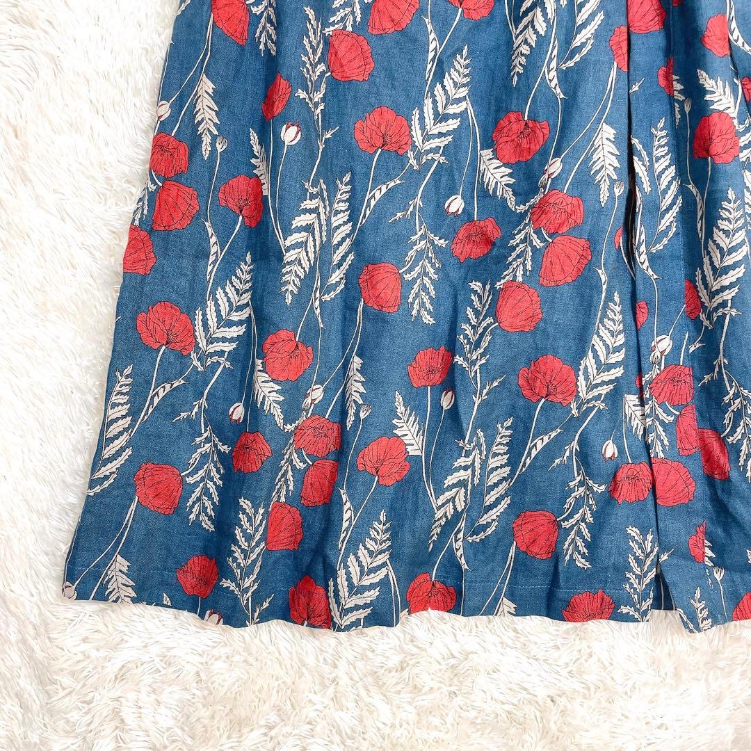 美品✨グランマママドーター 花柄 シャツワンピース リネン ベルト ロング