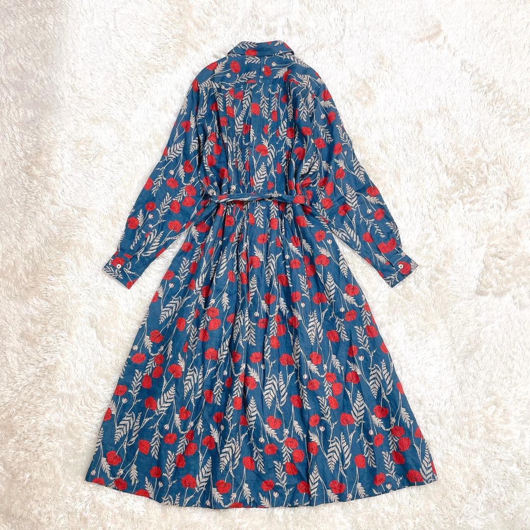 美品✨グランマママドーター 花柄 シャツワンピース リネン ベルト ロング