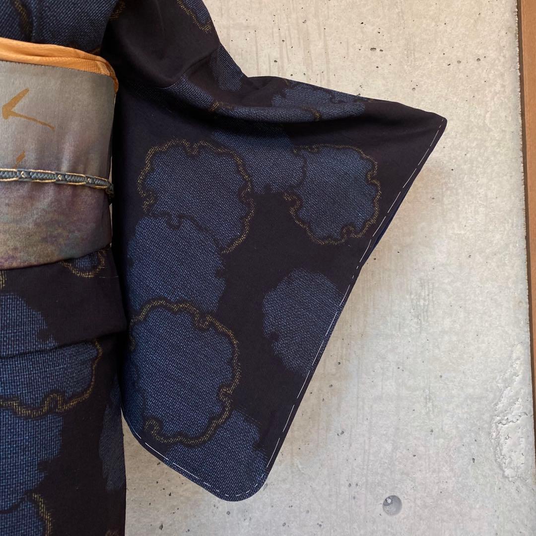 正絹　結城紬　雪輪柄　黒、青、黄色　袷