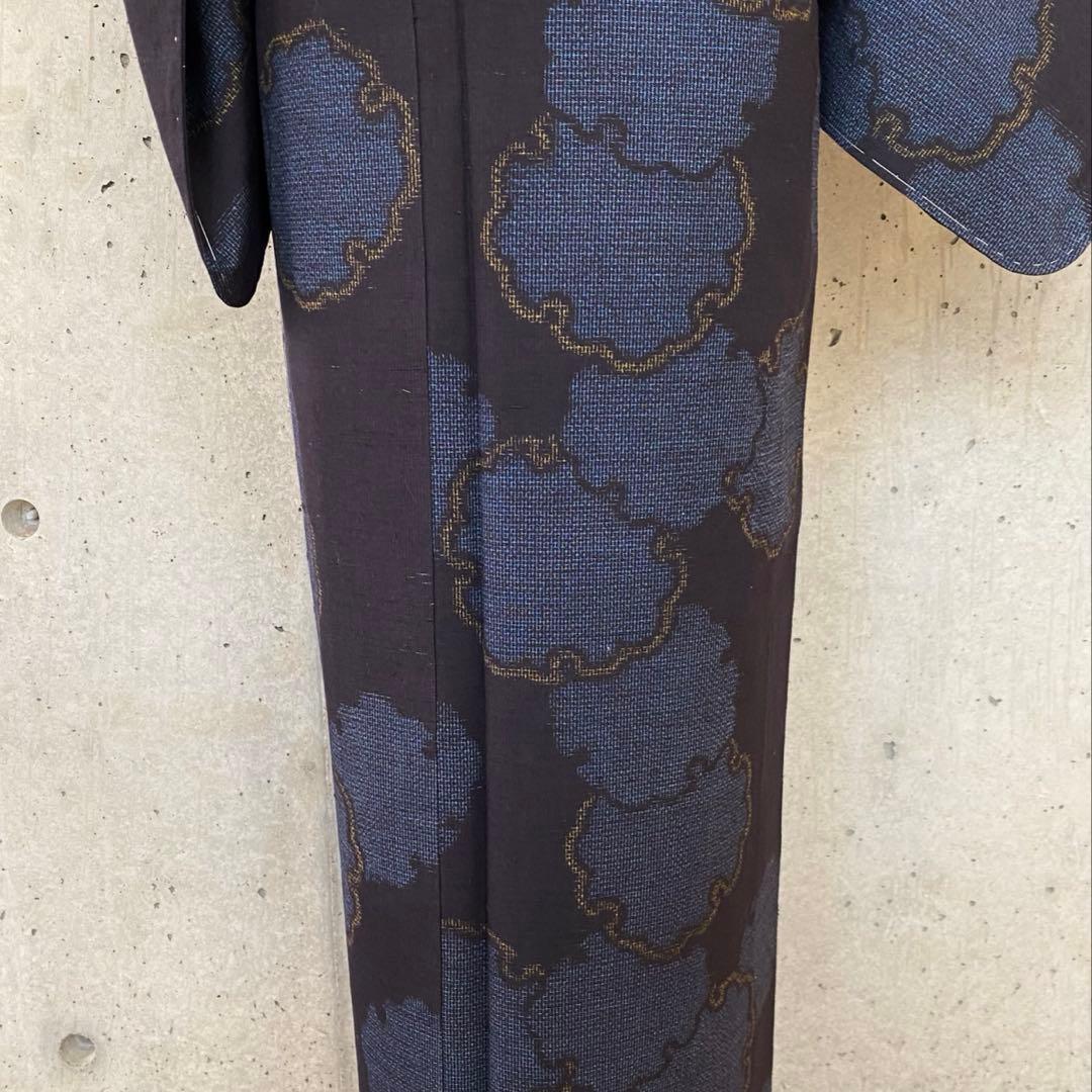 正絹　結城紬　雪輪柄　黒、青、黄色　袷