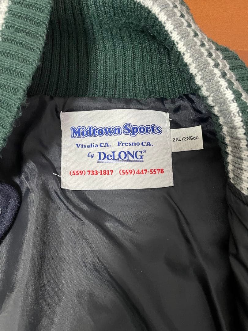 DeLONG レザースリーブ 無地スタジャン 2XL ネイビー＆グレー