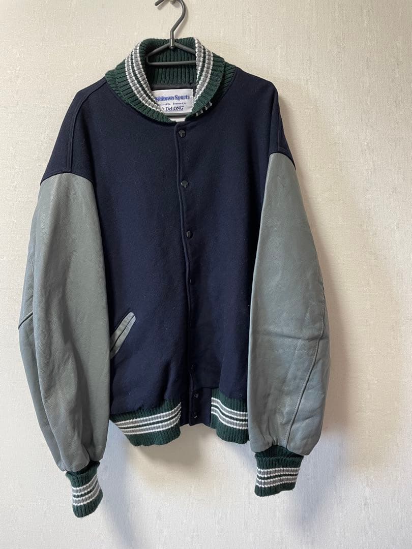 DeLONG レザースリーブ 無地スタジャン 2XL ネイビー＆グレー