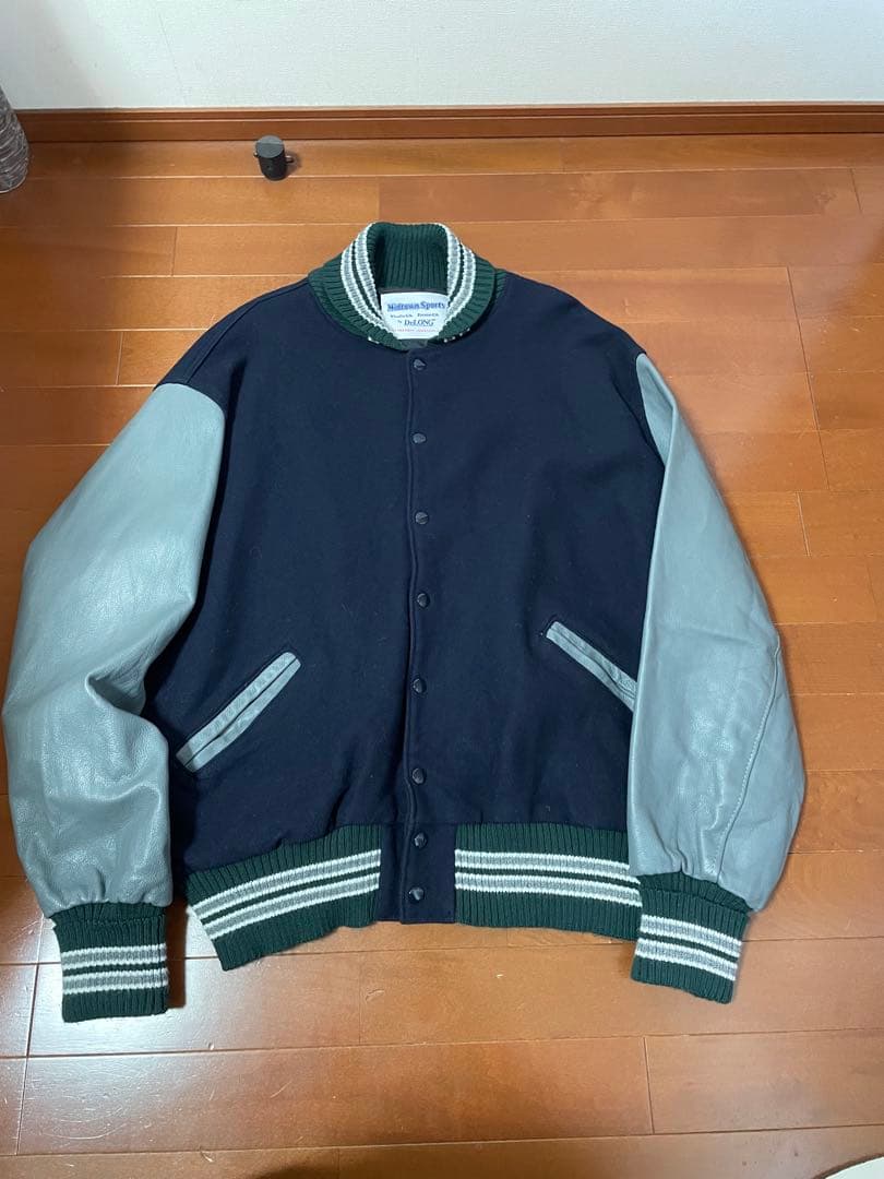 DeLONG レザースリーブ 無地スタジャン 2XL ネイビー＆グレー