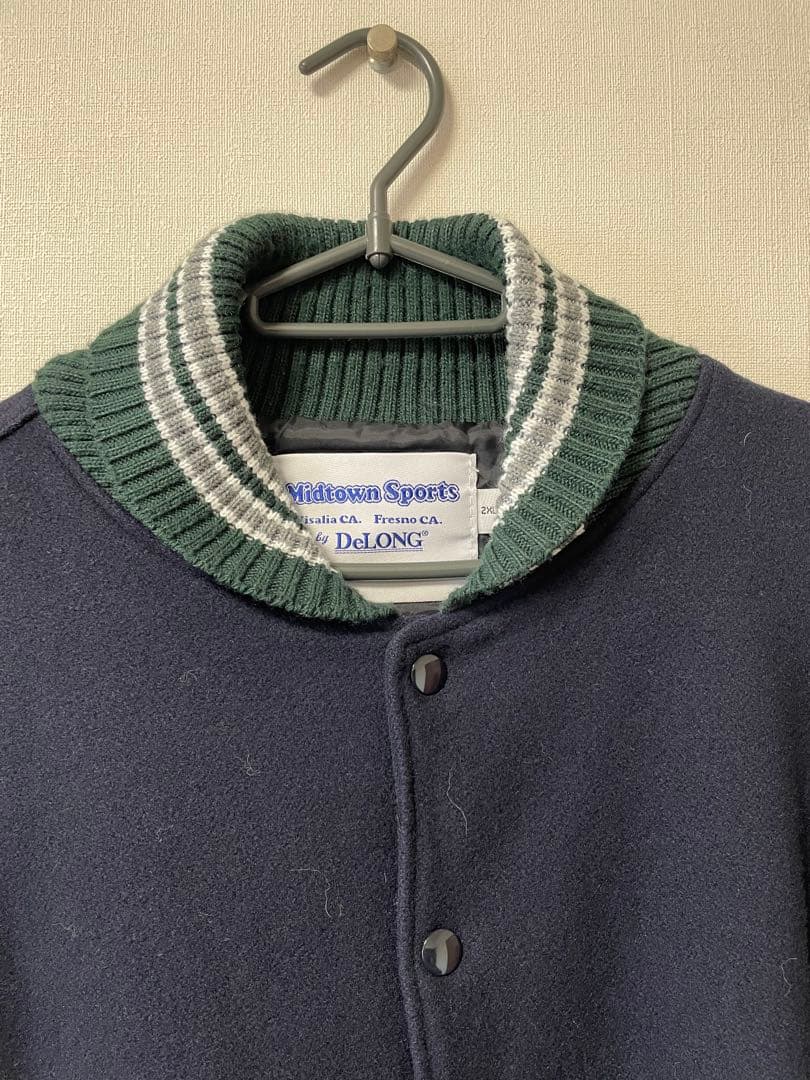 DeLONG レザースリーブ 無地スタジャン 2XL ネイビー＆グレー