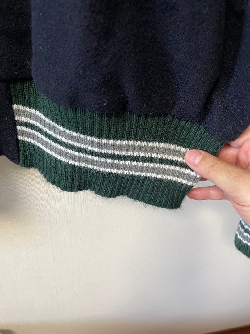 DeLONG レザースリーブ 無地スタジャン 2XL ネイビー＆グレー