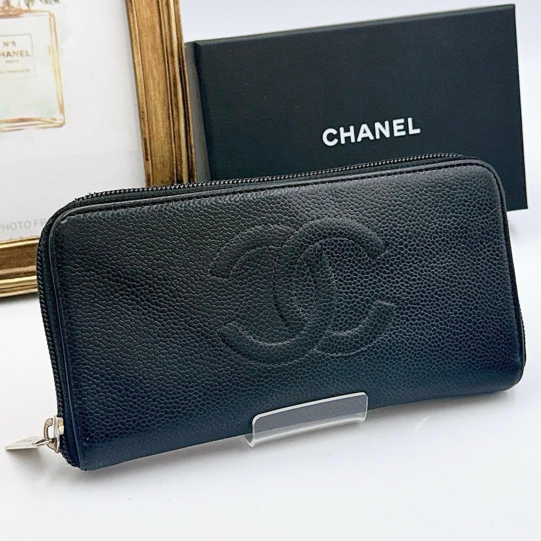 石*明様 CHANEL キャビアスキン ココマーク ラウンドファスナー 長財布