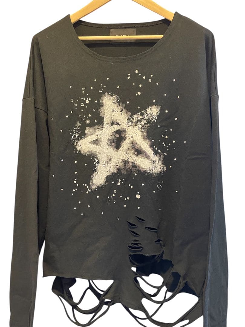 【GRANCY】ラインストーンデザイン グラフィックダメージ ロンT Lサイズ黒