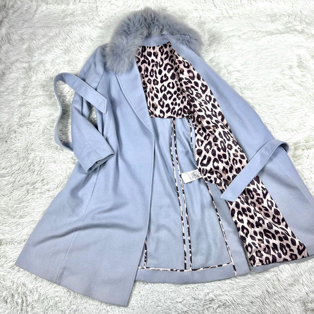 DURAS カシミヤ100% 3way フォックスファーコート F ブルー 豹柄