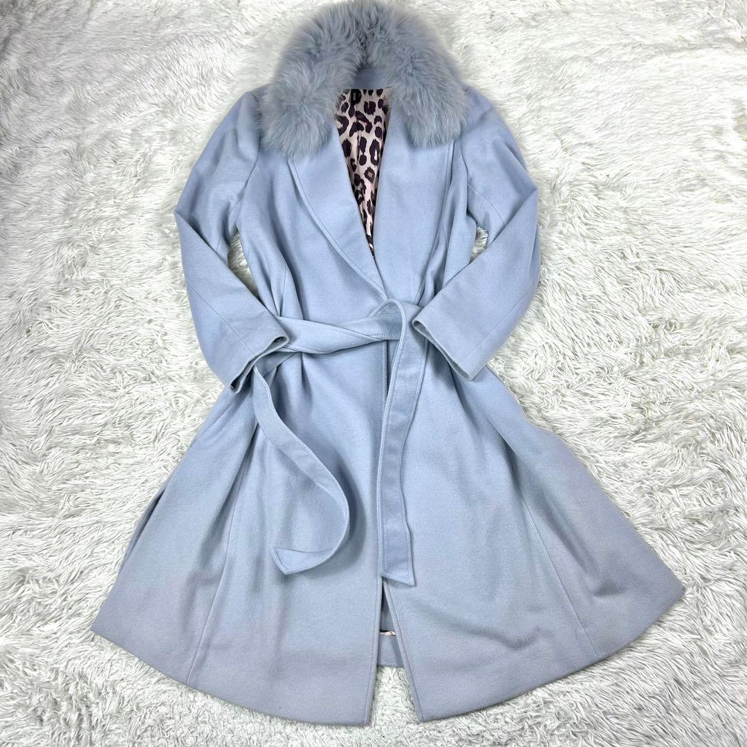 DURAS カシミヤ100% 3way フォックスファーコート F ブルー 豹柄