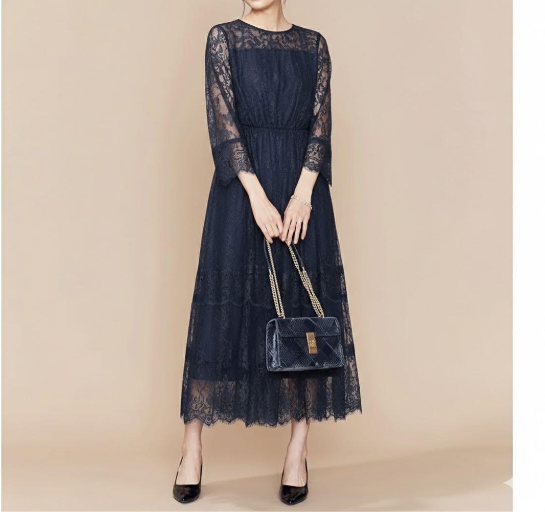 組曲　プリエ　大きいサイズ　総レースロングワンピース　ネイビー　3L