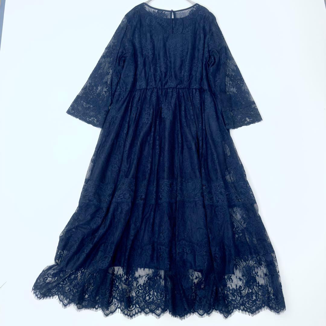 組曲　プリエ　大きいサイズ　総レースロングワンピース　ネイビー　3L