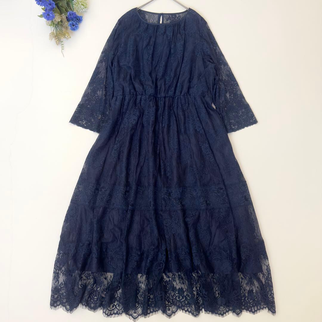 組曲　プリエ　大きいサイズ　総レースロングワンピース　ネイビー　3L