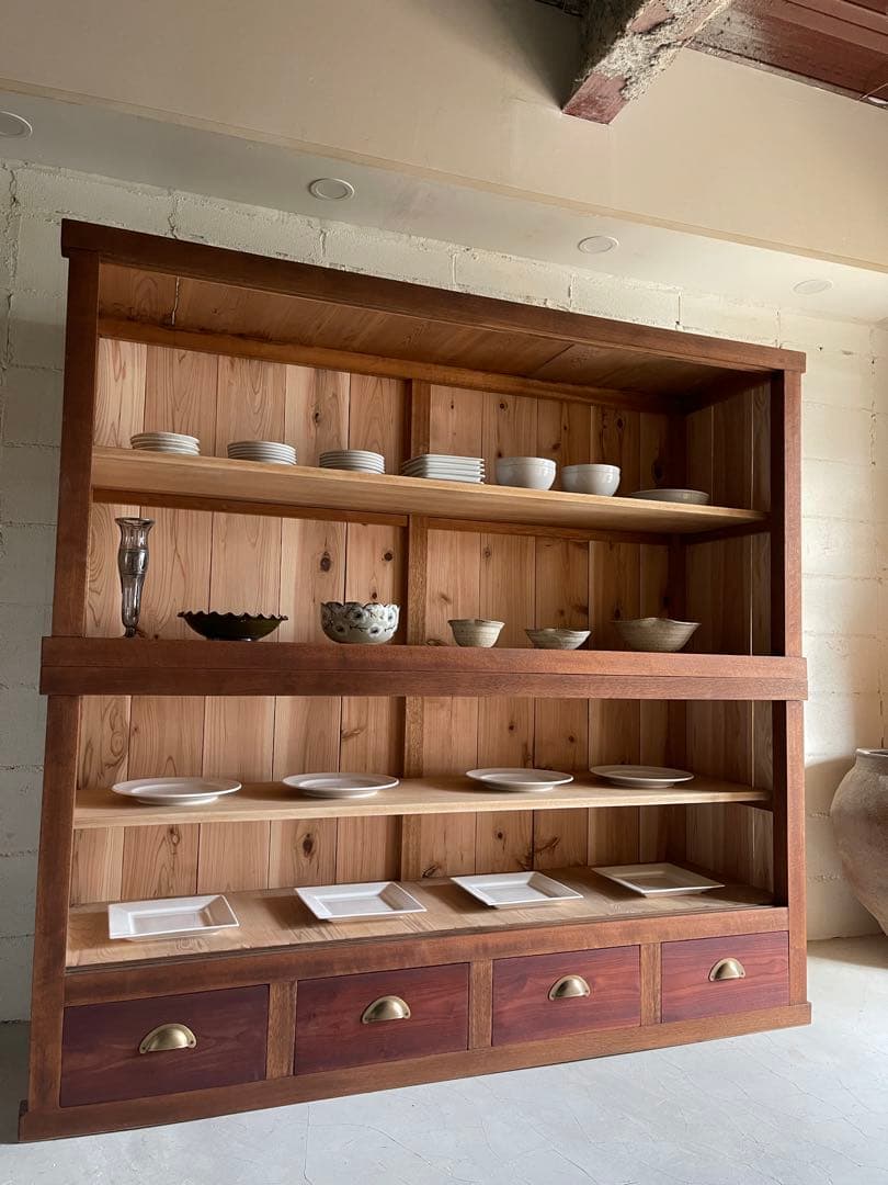 水屋箪笥　稀少　当時物　大型　ガラス棚　食器棚　収納棚　上下分割　什器　古家具