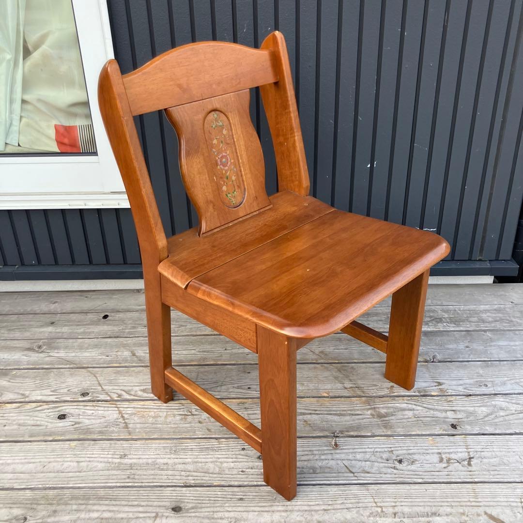 2点 ① 北欧レトロ 花柄装飾 無垢材 チャーチチェア ダイニングチェア