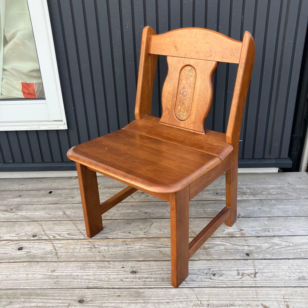 2点 ① 北欧レトロ 花柄装飾 無垢材 チャーチチェア ダイニングチェア