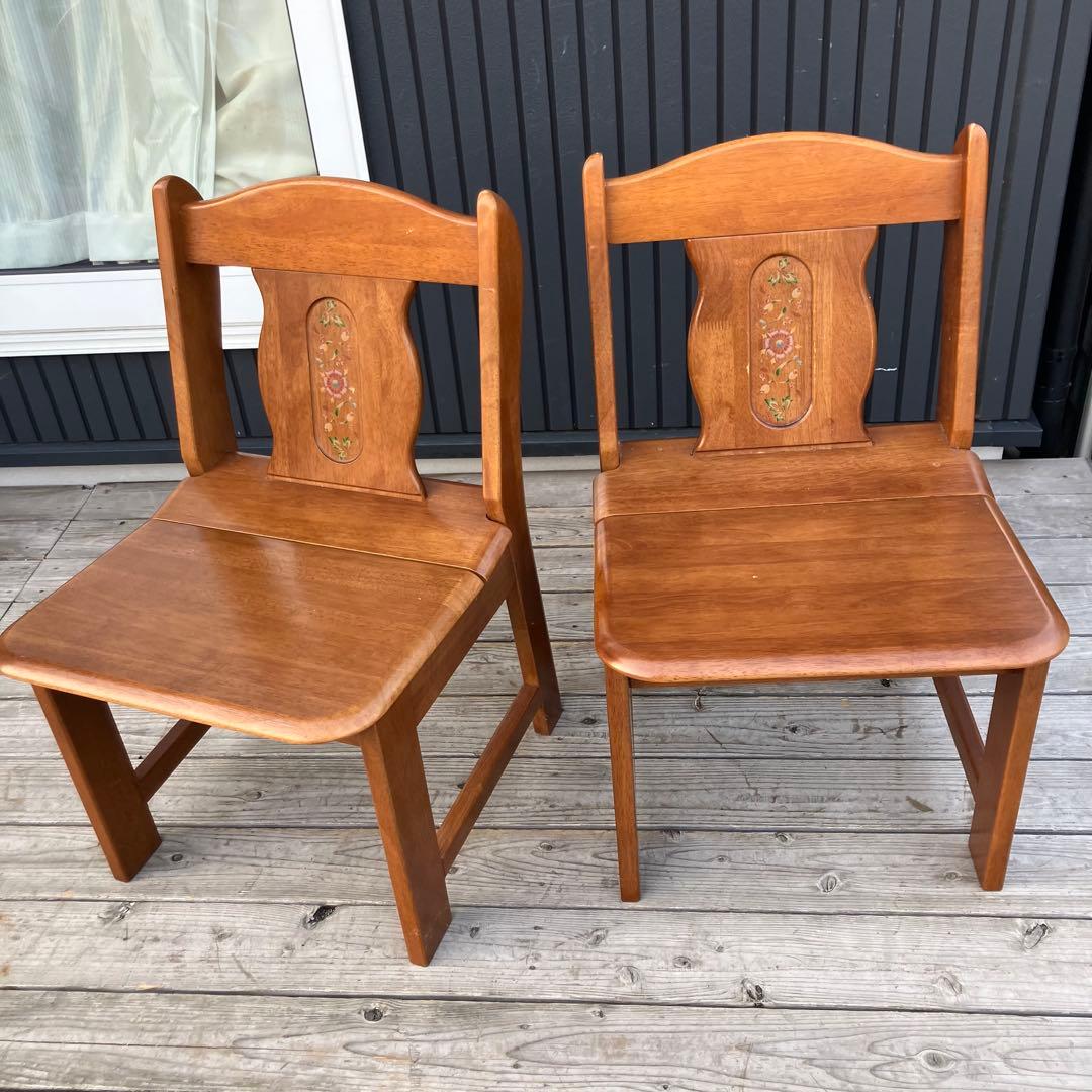 2点 ① 北欧レトロ 花柄装飾 無垢材 チャーチチェア ダイニングチェア