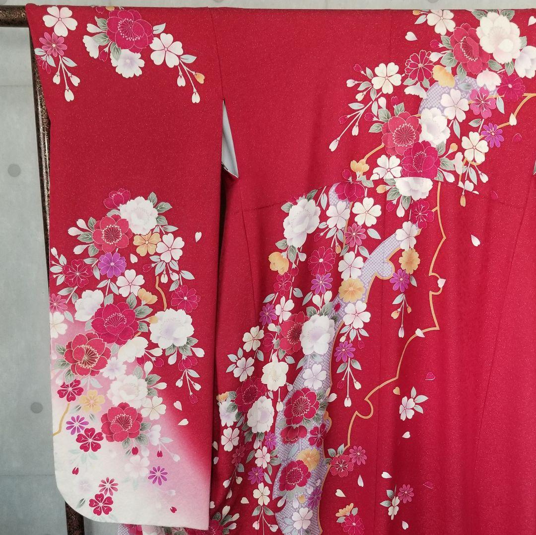 正絹振袖セット外単品 赤地ラメ入花柄 成人式 卒業式に最適