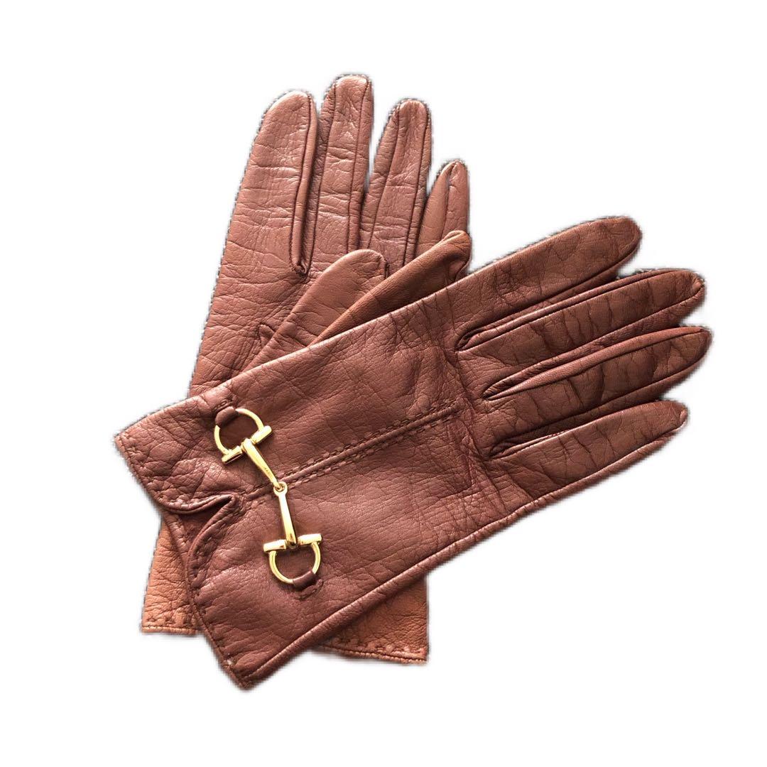 グッチ　GUCCI レザーグローブ　ホースビット革手袋　サイズ7ハーフ　ブラウン