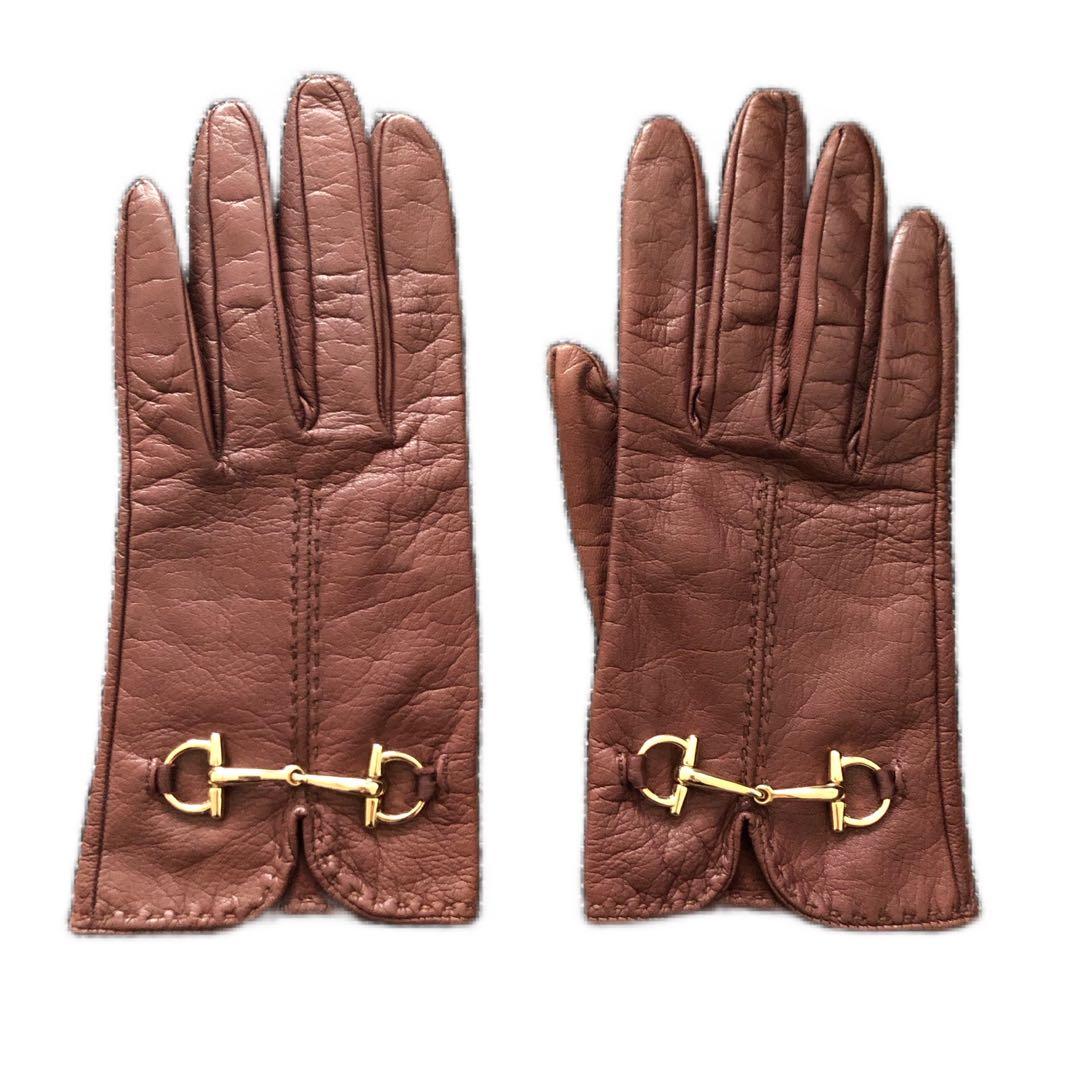 グッチ　GUCCI レザーグローブ　ホースビット革手袋　サイズ7ハーフ　ブラウン
