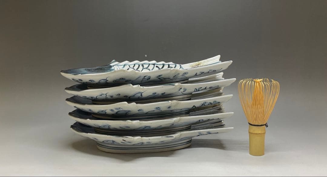 大明萬暦年製　明時代　景徳鎮　染付　魚皿　5客　Y3199