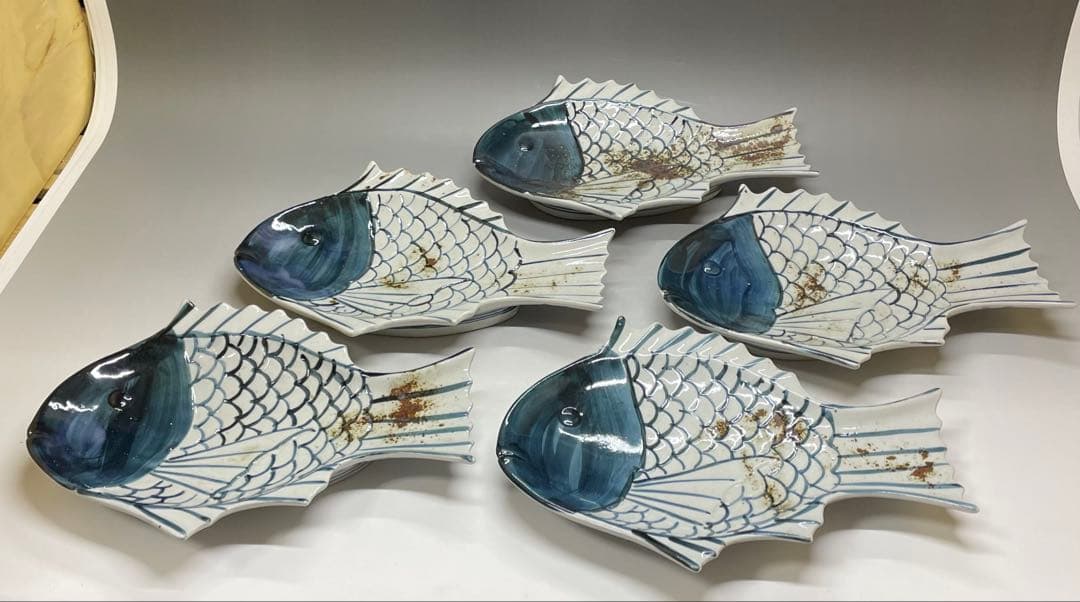 大明萬暦年製　明時代　景徳鎮　染付　魚皿　5客　Y3199