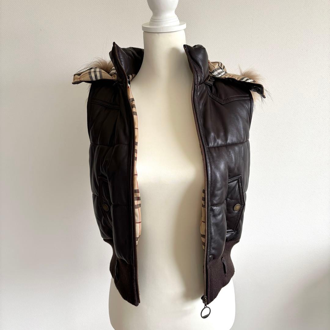 バーバリーブルーレーベル 羊革 ラムレザー ダウンベスト 38 ノバチェック