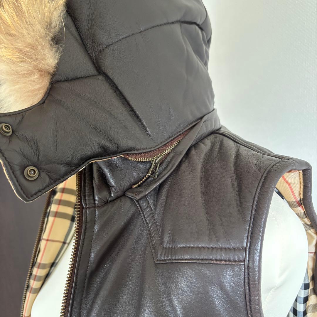 バーバリーブルーレーベル 羊革 ラムレザー ダウンベスト 38 ノバチェック