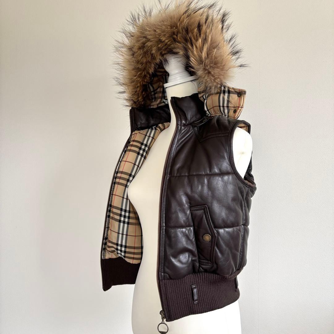 バーバリーブルーレーベル 羊革 ラムレザー ダウンベスト 38 ノバチェック