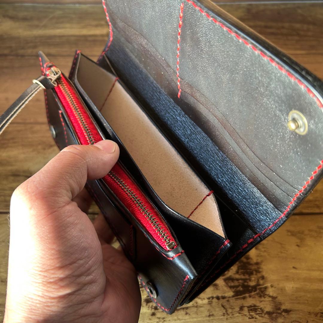 【牛ヌメ革／手染めブラック】ロングウォレット｜重厚感ある長財布｜手縫い
