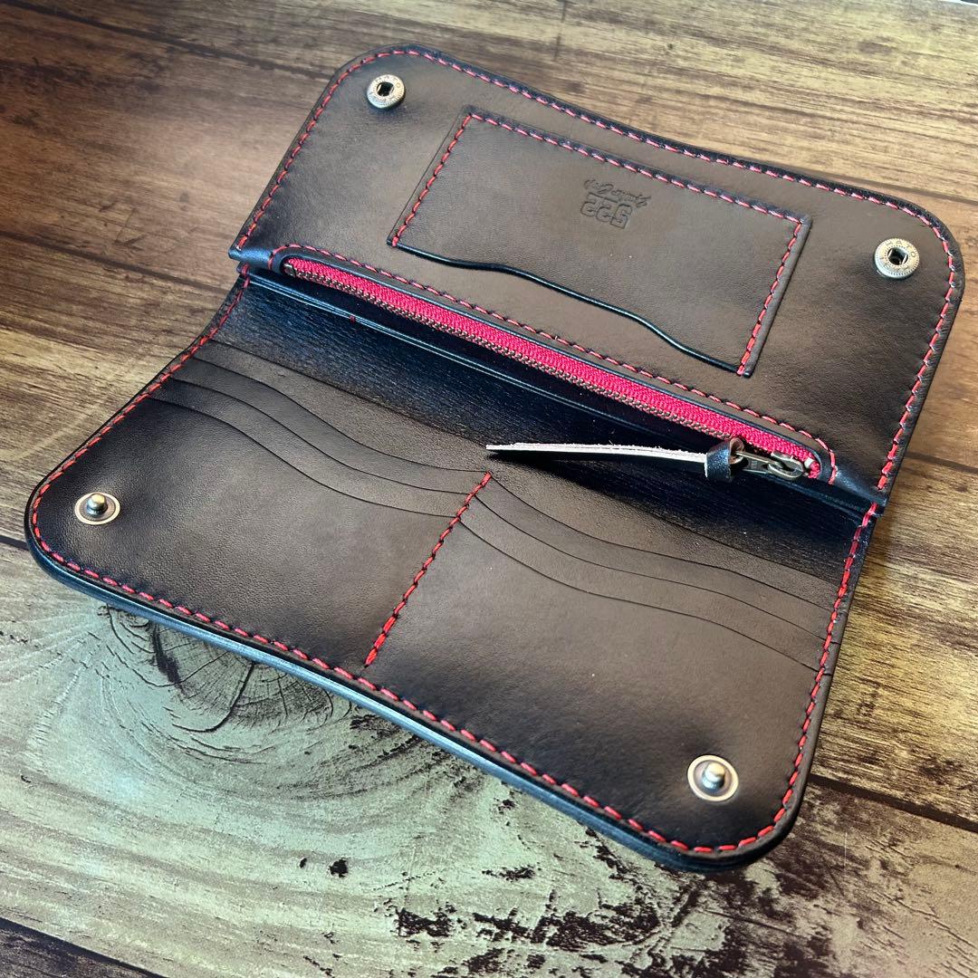 【牛ヌメ革／手染めブラック】ロングウォレット｜重厚感ある長財布｜手縫い