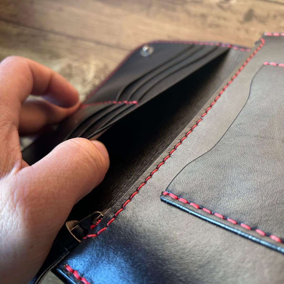 【牛ヌメ革／手染めブラック】ロングウォレット｜重厚感ある長財布｜手縫い