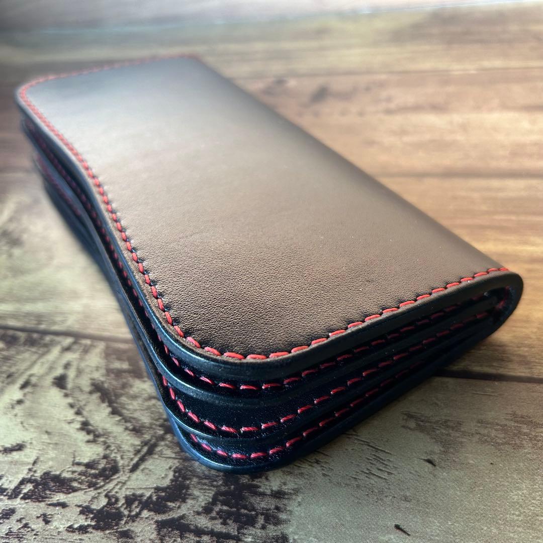 【牛ヌメ革／手染めブラック】ロングウォレット｜重厚感ある長財布｜手縫い