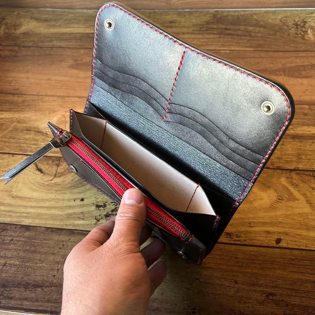 【牛ヌメ革／手染めブラック】ロングウォレット｜重厚感ある長財布｜手縫い