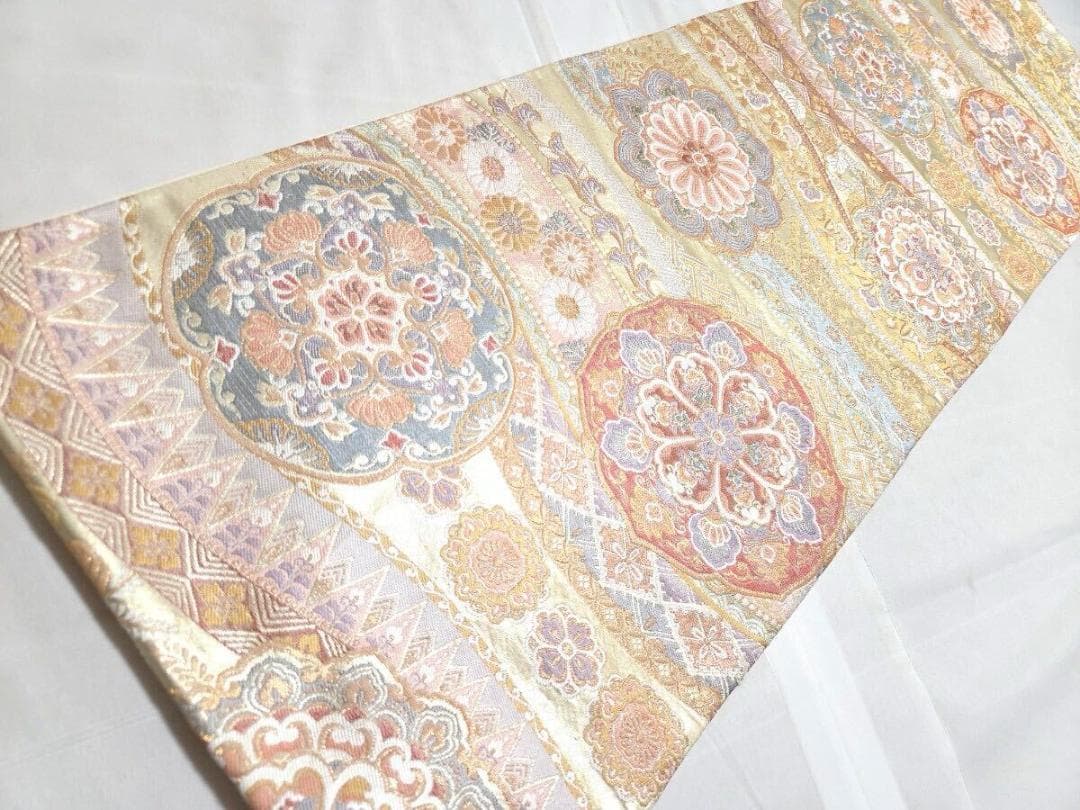 G 正倉院華文 金糸 菊 唐草唐花 桐 パステル 六通 正絹 フォーマルな袋帯