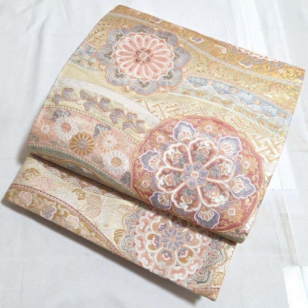 G 正倉院華文 金糸 菊 唐草唐花 桐 パステル 六通 正絹 フォーマルな袋帯