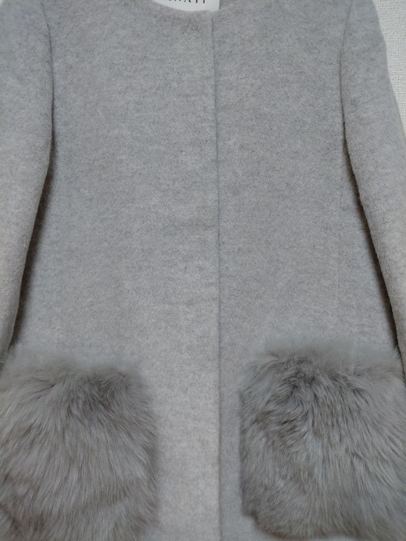 美品　ANAYI グレー ポケットファーノーカラーロングコート 38