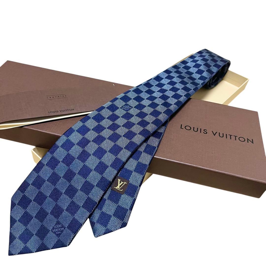 美品　ルイヴィトン　ダミエ　高級ネクタイ　ネイビー　青　現行タグ　イタリア製