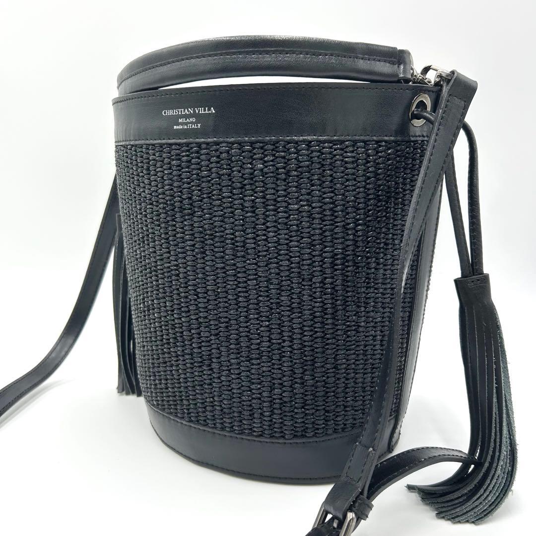 【美品】CHRISTIAN VILLA ラフィアコンビスクエア 2way バケツ