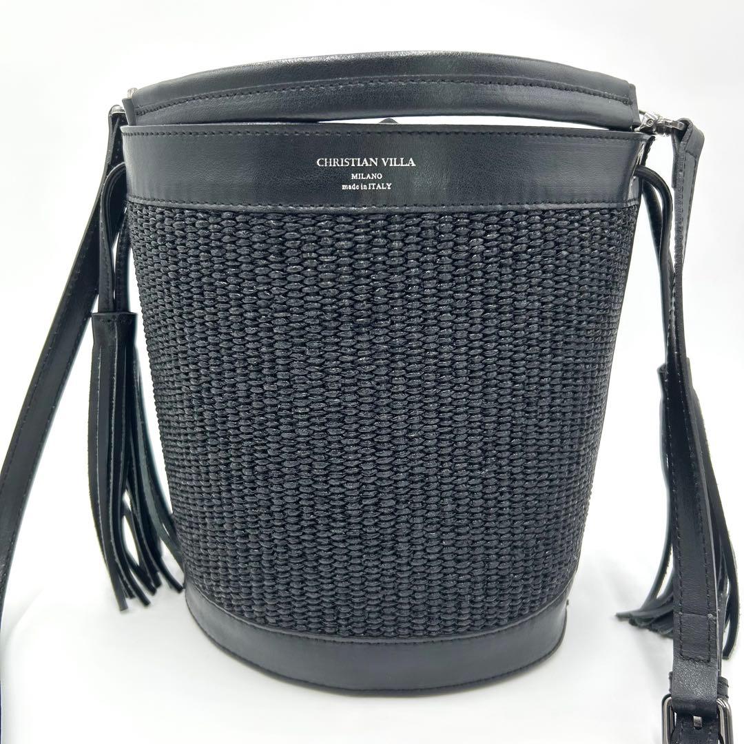 【美品】CHRISTIAN VILLA ラフィアコンビスクエア 2way バケツ