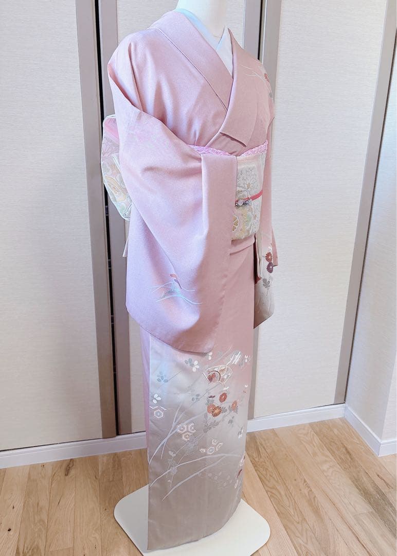 訪問着　一つ紋　フルセット　裄69 友禅 刺繍　卒業式　入学式　お宮参　袋帯 M