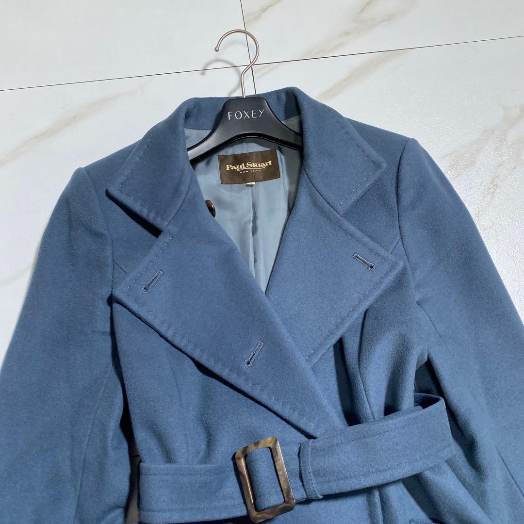 未使用級♡ポールスチュアート カシミヤベルデッドコート 女優襟 スモーキーブルー