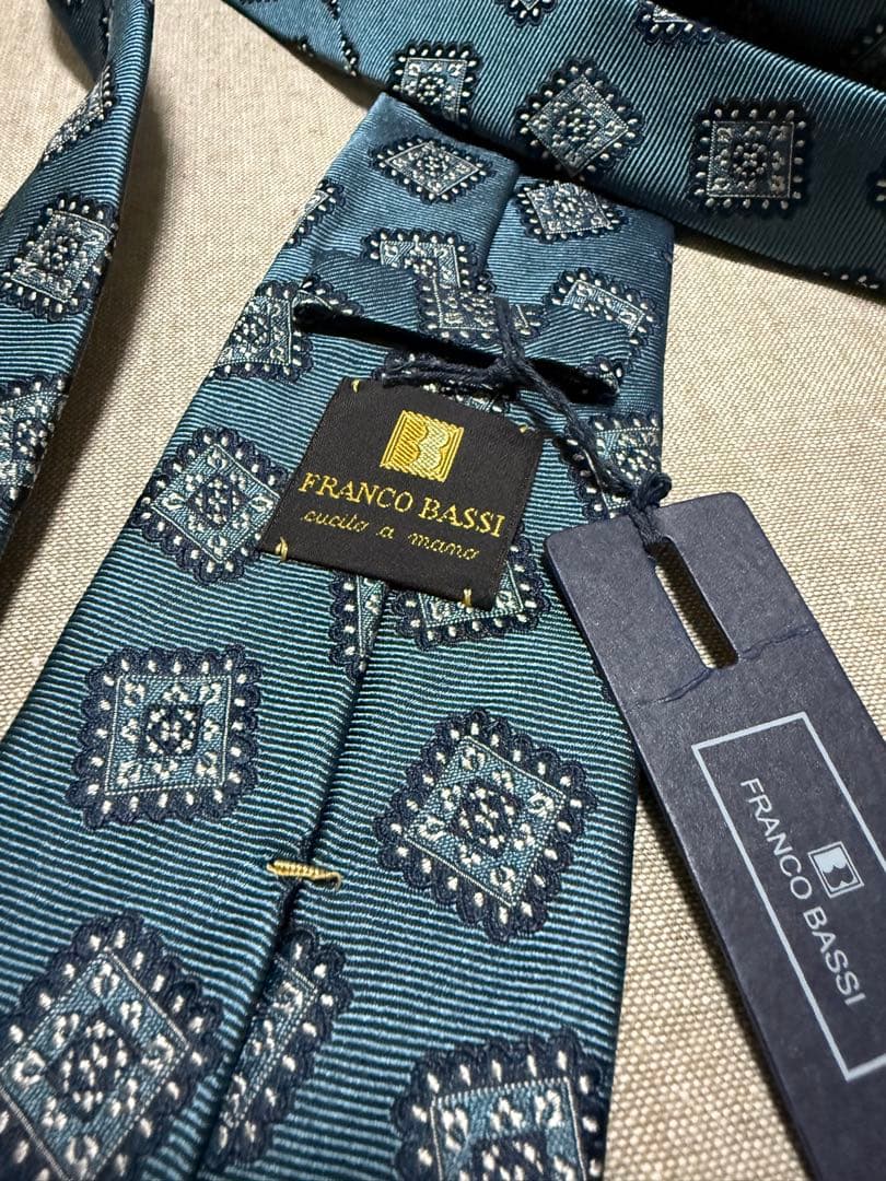 【新品】FRANCO BASSI／ジャガードタイ／スクエアモチーフ／アースブルー
